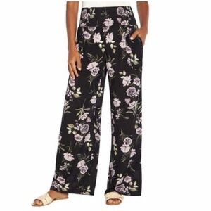 NWT Three Dots Pull On Wide Leg Crepe Paperbag Pants Size L Cottage Floral Boho